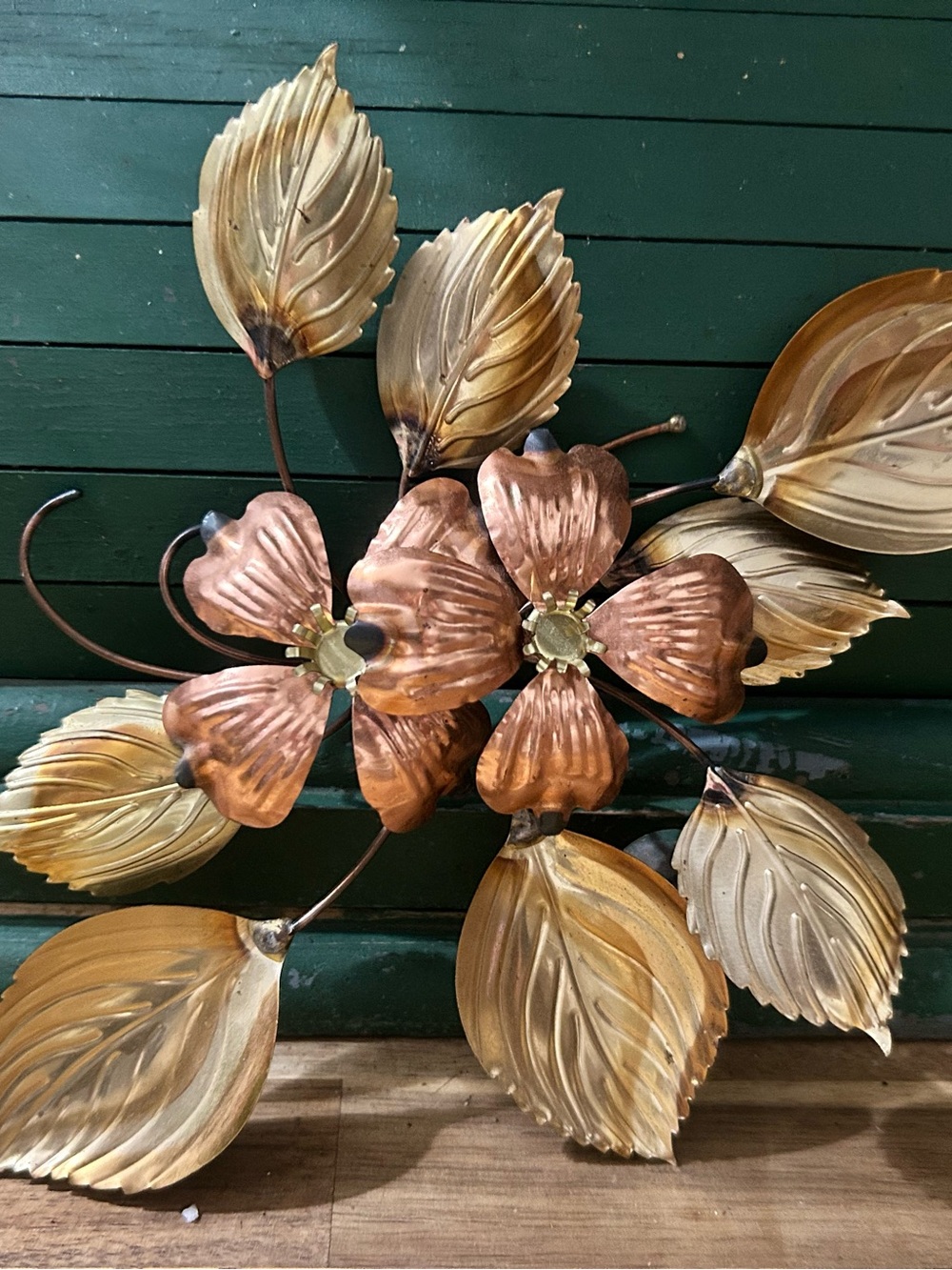 Metal Dogwood Flowers and Leaves Wall Art - Copper and Brass